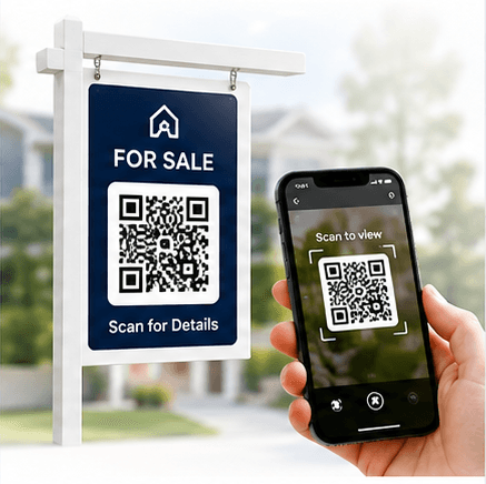 A buyer scanning the QR code on a For Sale yard sign with their phone