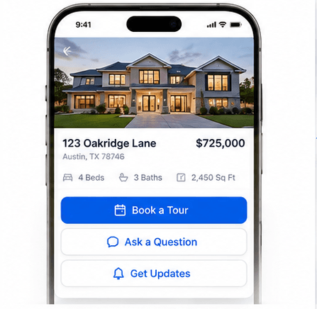 The listing on a phone: address, price, and buttons to book a tour, ask a question, or get updates