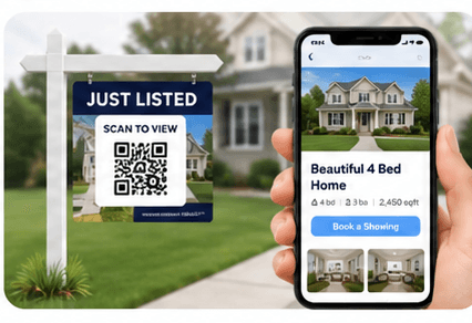 A JUST LISTED yard sign with a QR code, and a phone showing the listing it opens