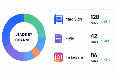 A leads-by-channel donut chart: yard sign 128 leads, flyer 42, Instagram 86